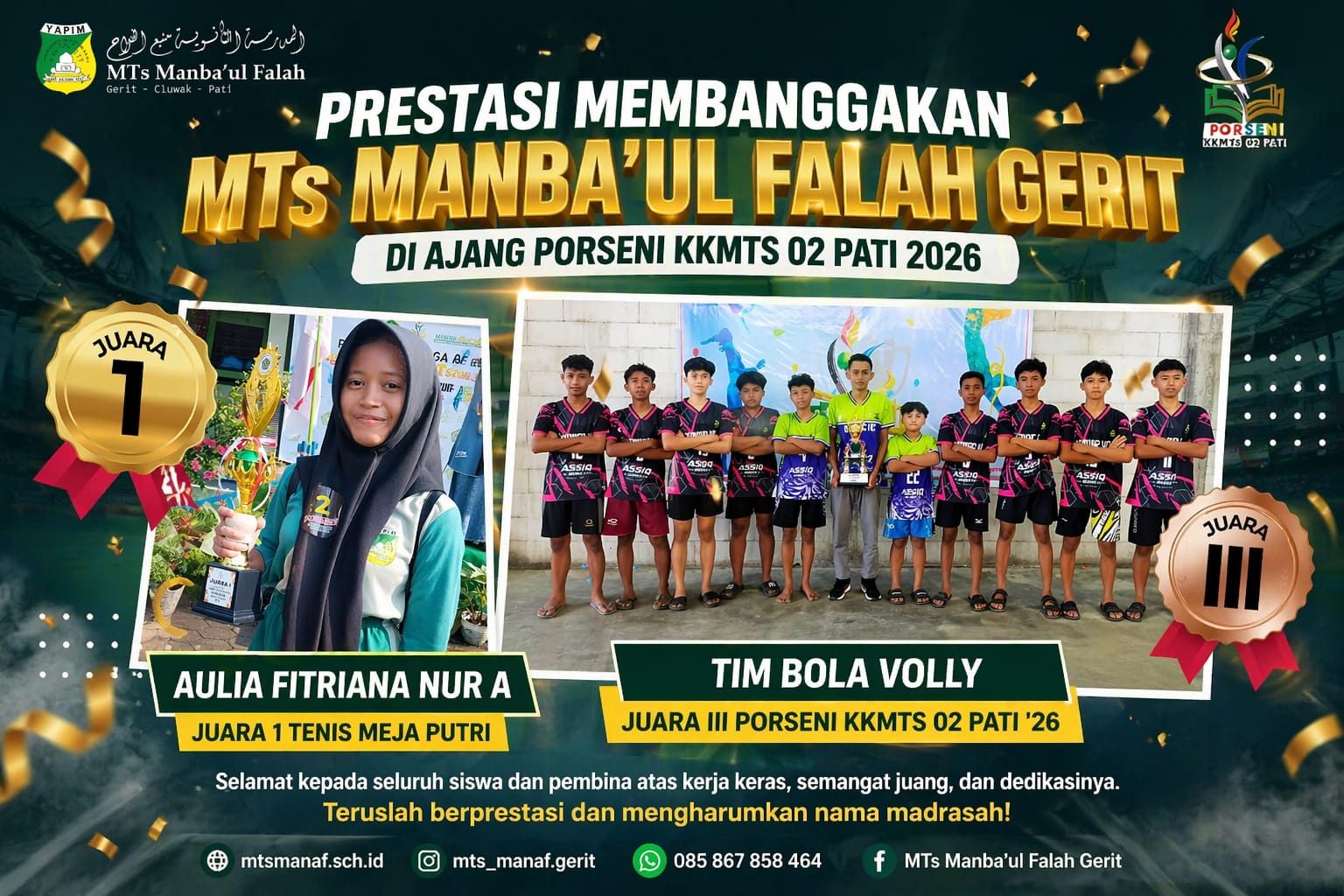 Prestasi Membanggakan! MTs Manba’ul Falah Gerit Borong Juara di PORSENI KKMTS 02 Pati 2026